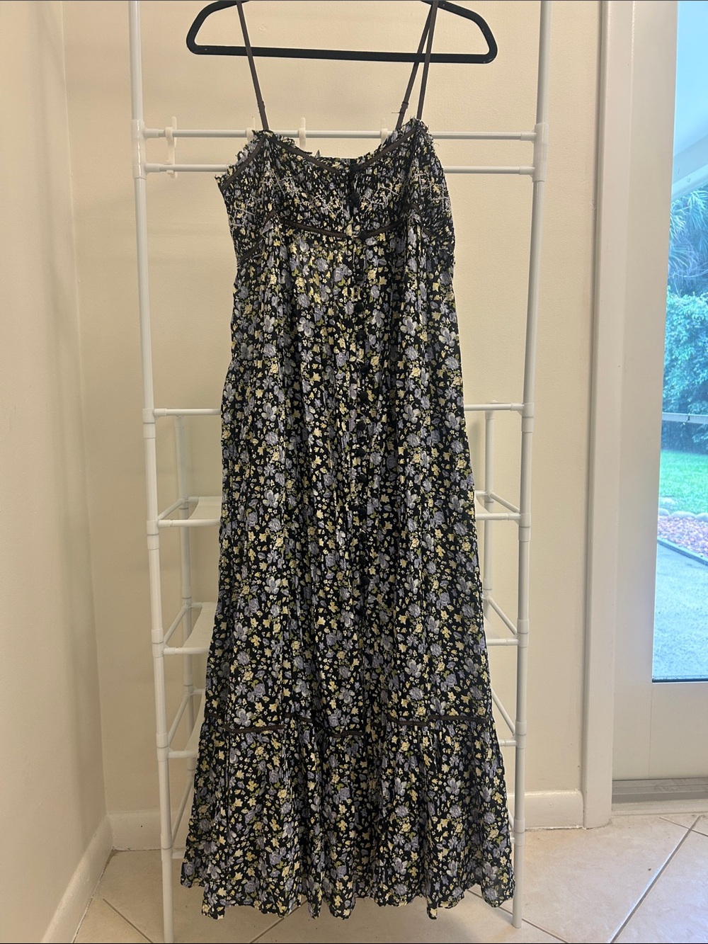 Free People Black Maxi Skirt with Yellow & Light Blue Floral Print